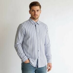 Enzone Men's XL Blue Plaid Button Down Shirt 100% Cotton Casual